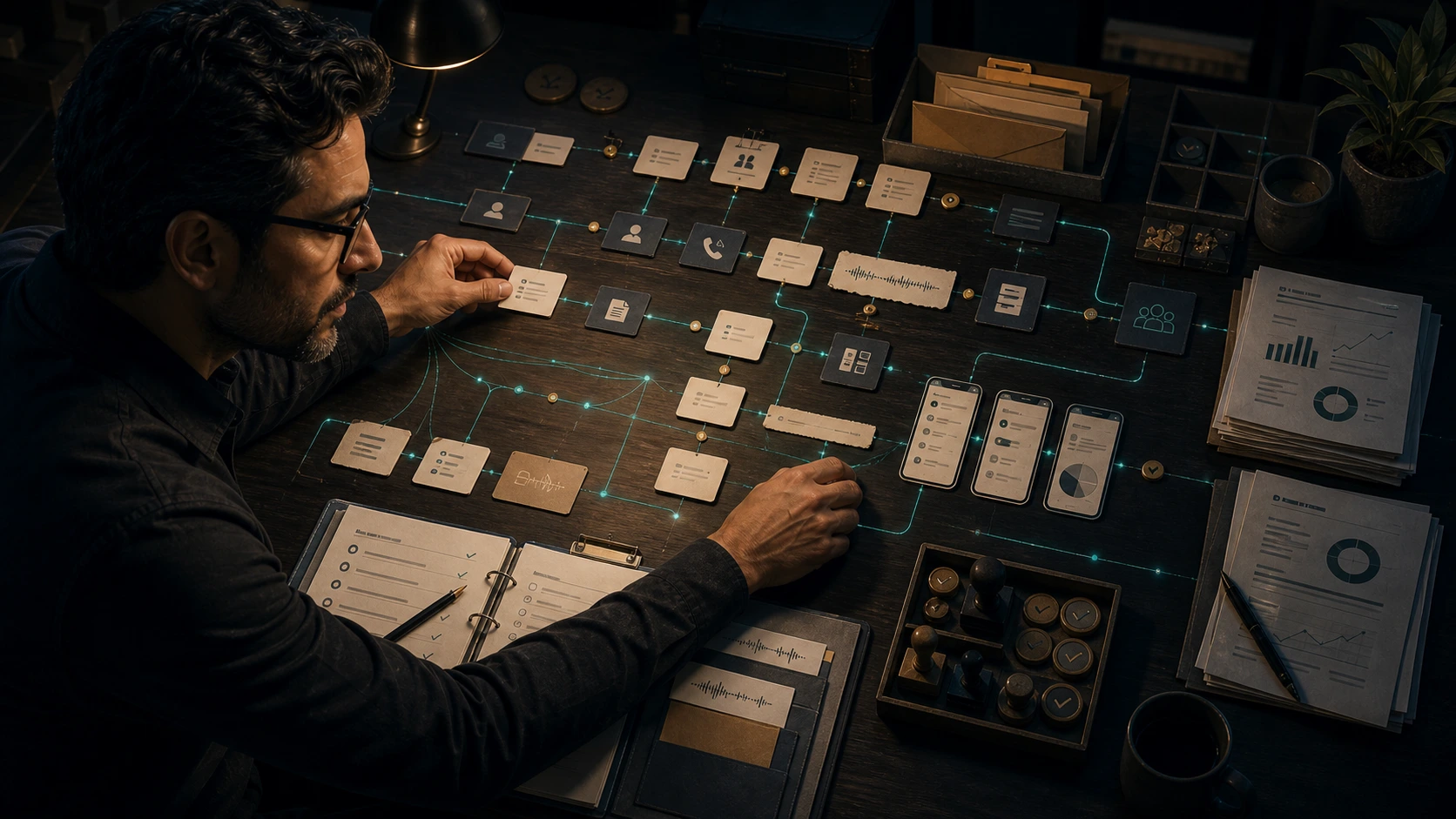 Cinematic visual of practical workflow systems with controlled paths