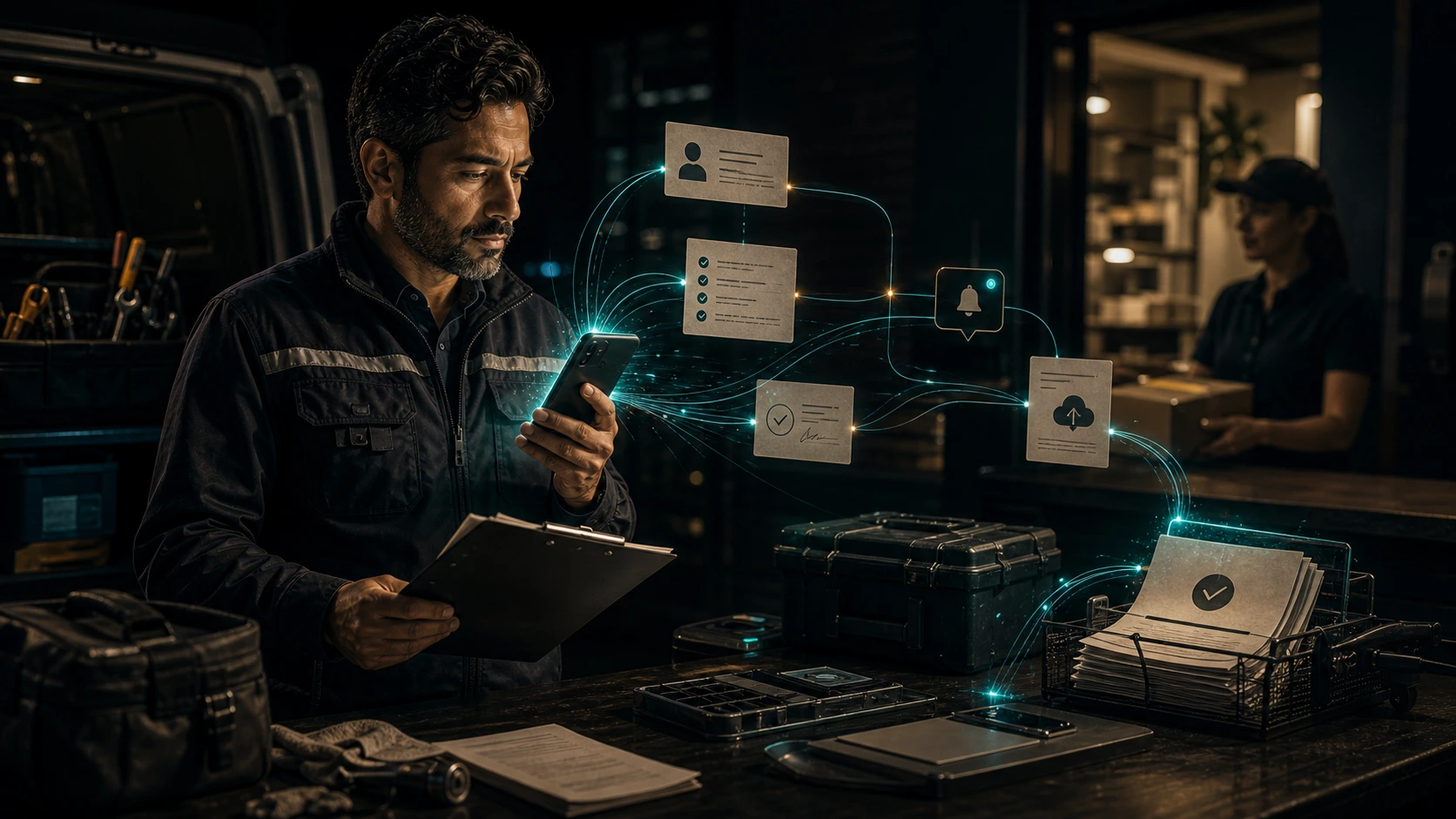 Field operations mobile portal in a dark editorial visual system